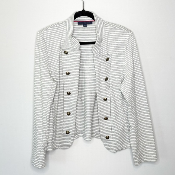 Tommy Hilfiger Jackets & Blazers - Tommy Hilfiger Womens XL Gray White Striped Military Band Jacket Crest Buttons
